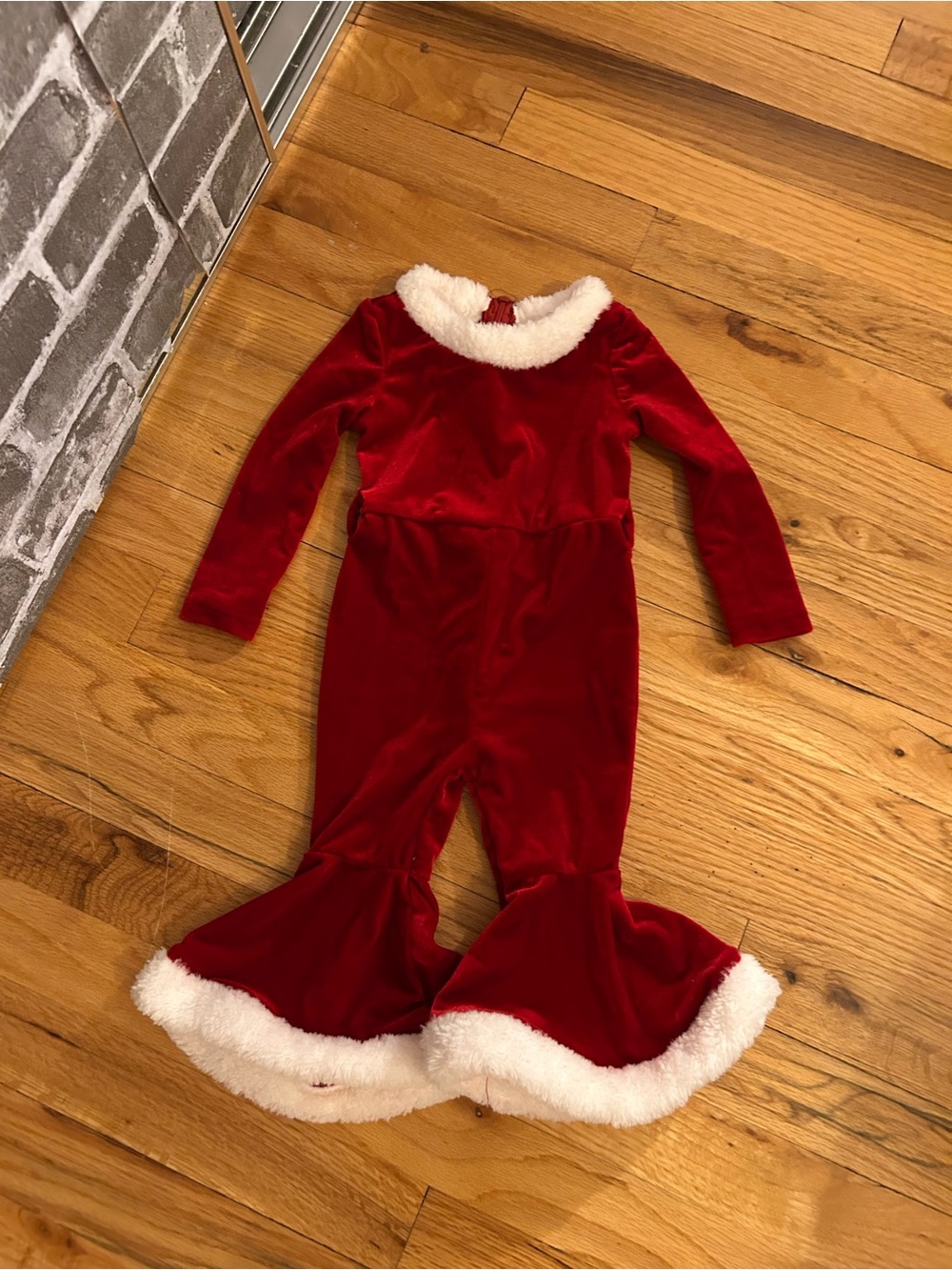SHEIN Red Velvet Holiday Ruffle One-Piece with White Faux Fur Trim